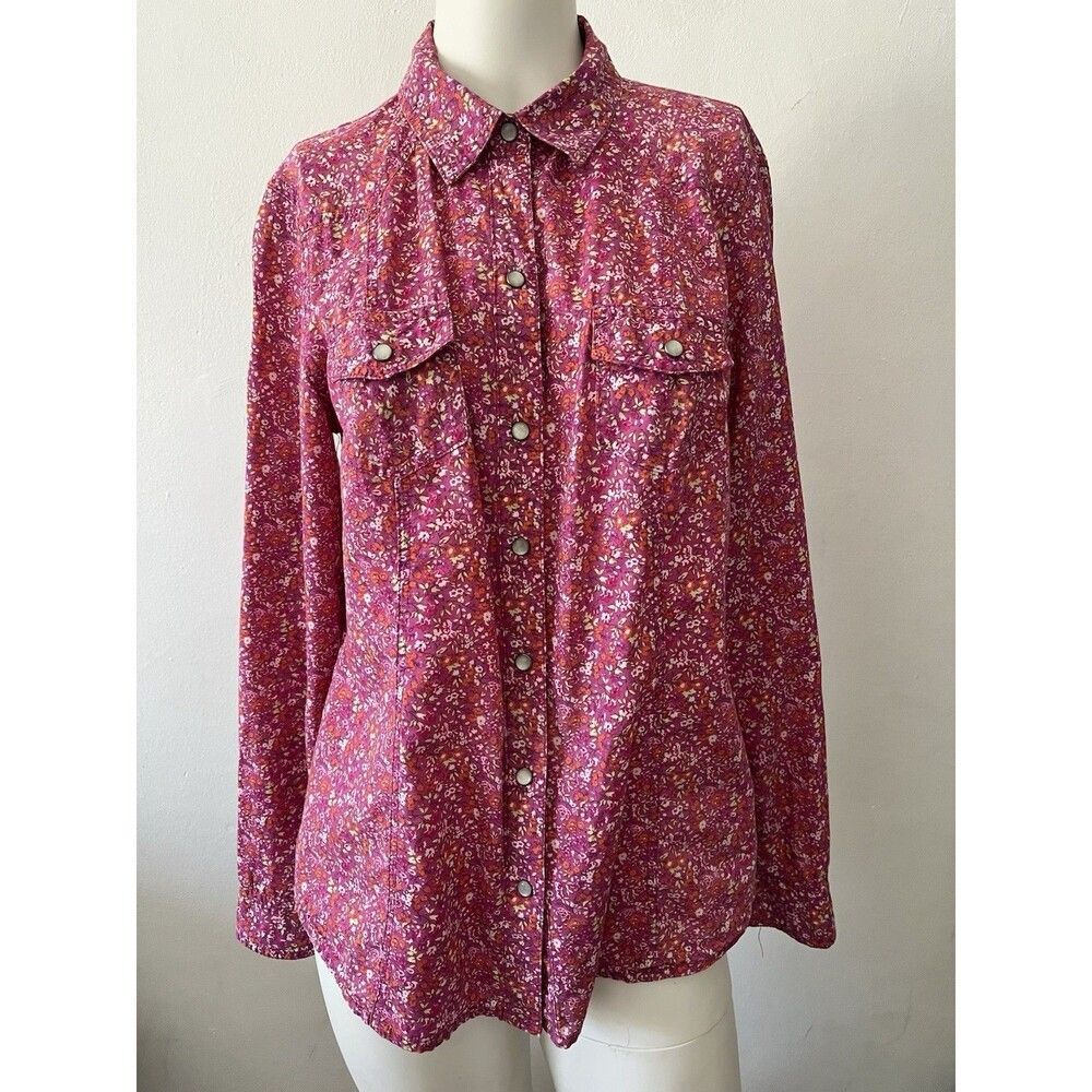 Old Navy Pink Floral Blouse Top M Pearl Snaps Rustic Boho Hippie Peasant Earthy